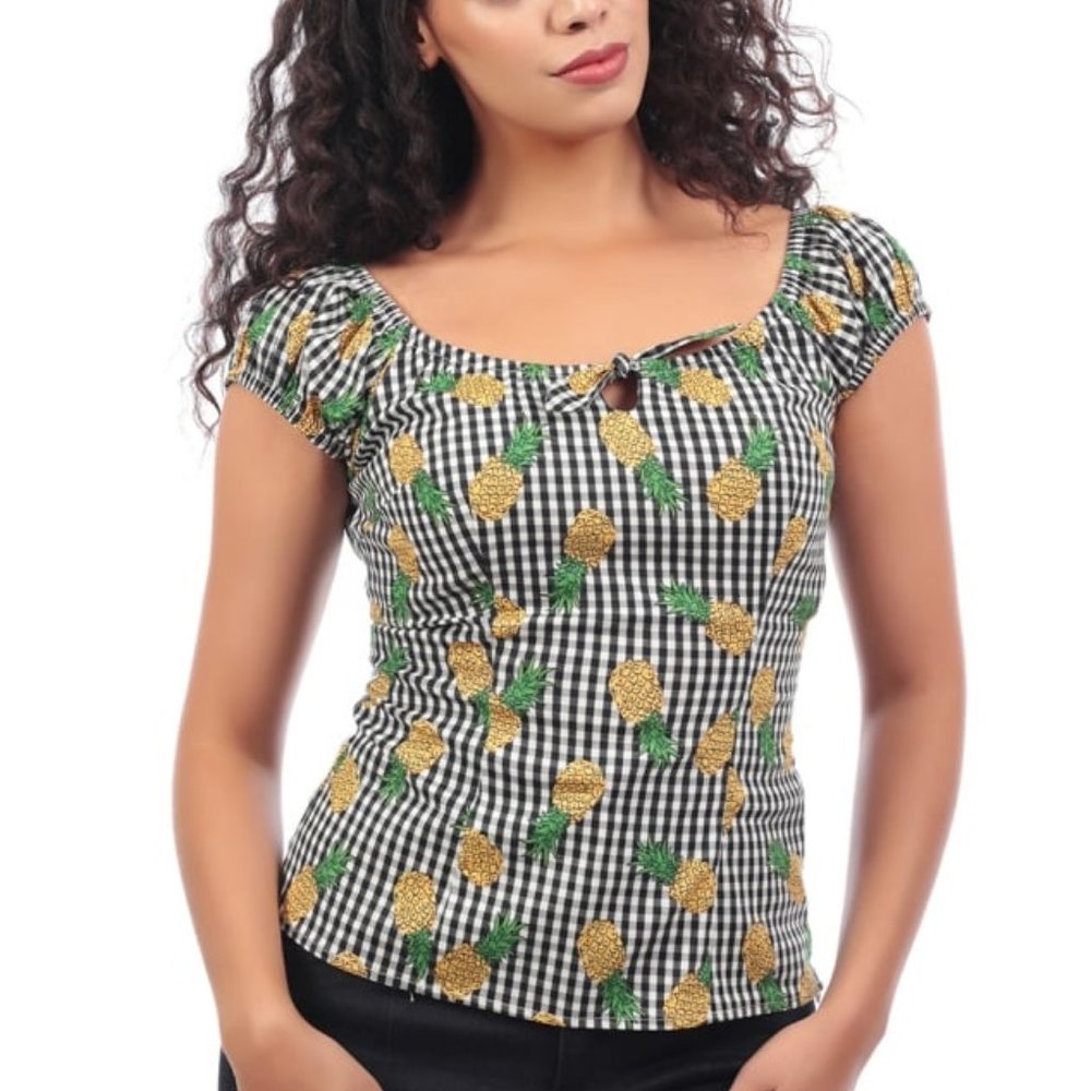 Small NWT Collectif Pineapple Gingham Lorena Retro Tiki Pinup Top Modcloth